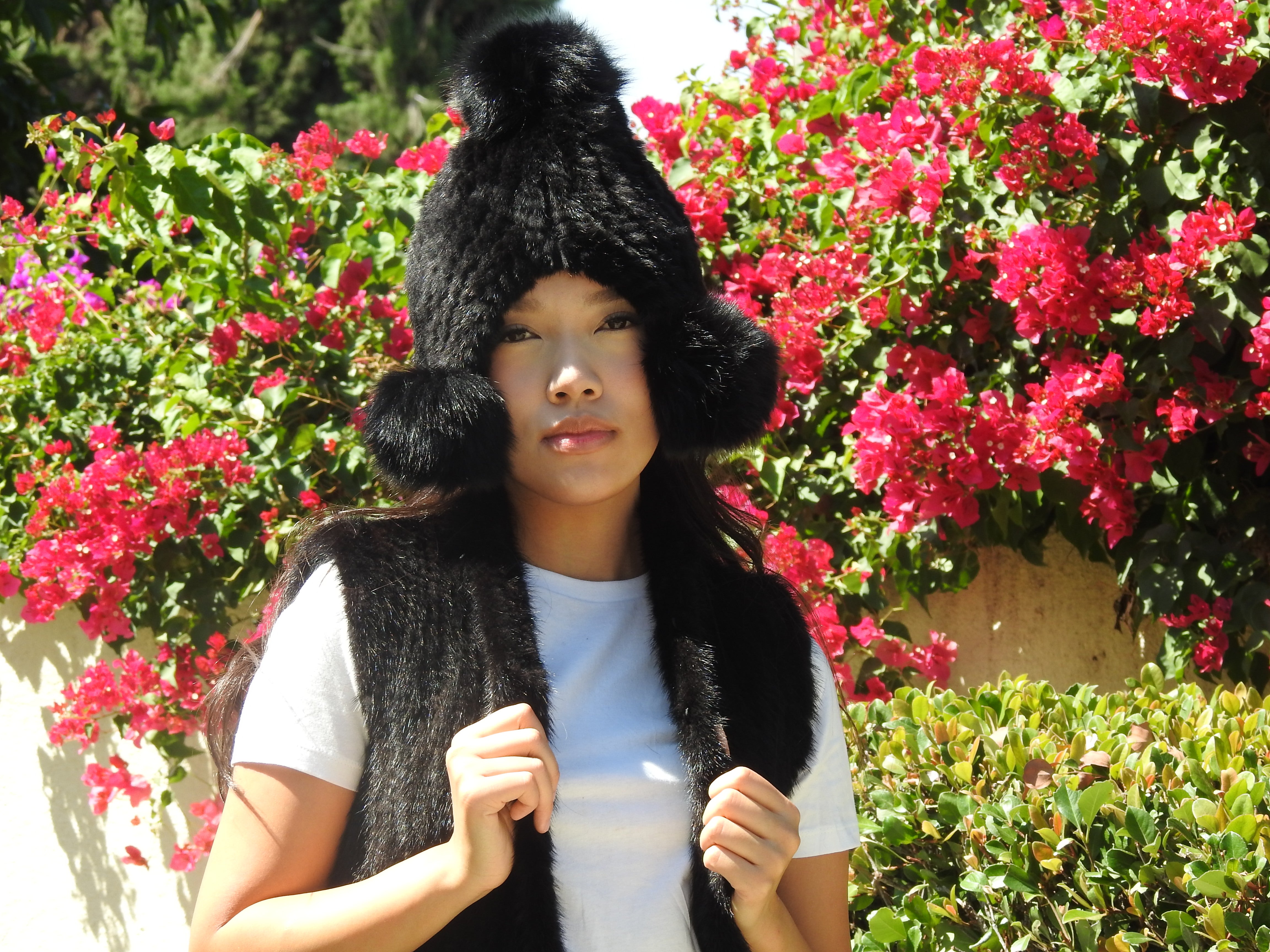 Knit Mink Beanie Hat with Raccoon Pom Pom in Black