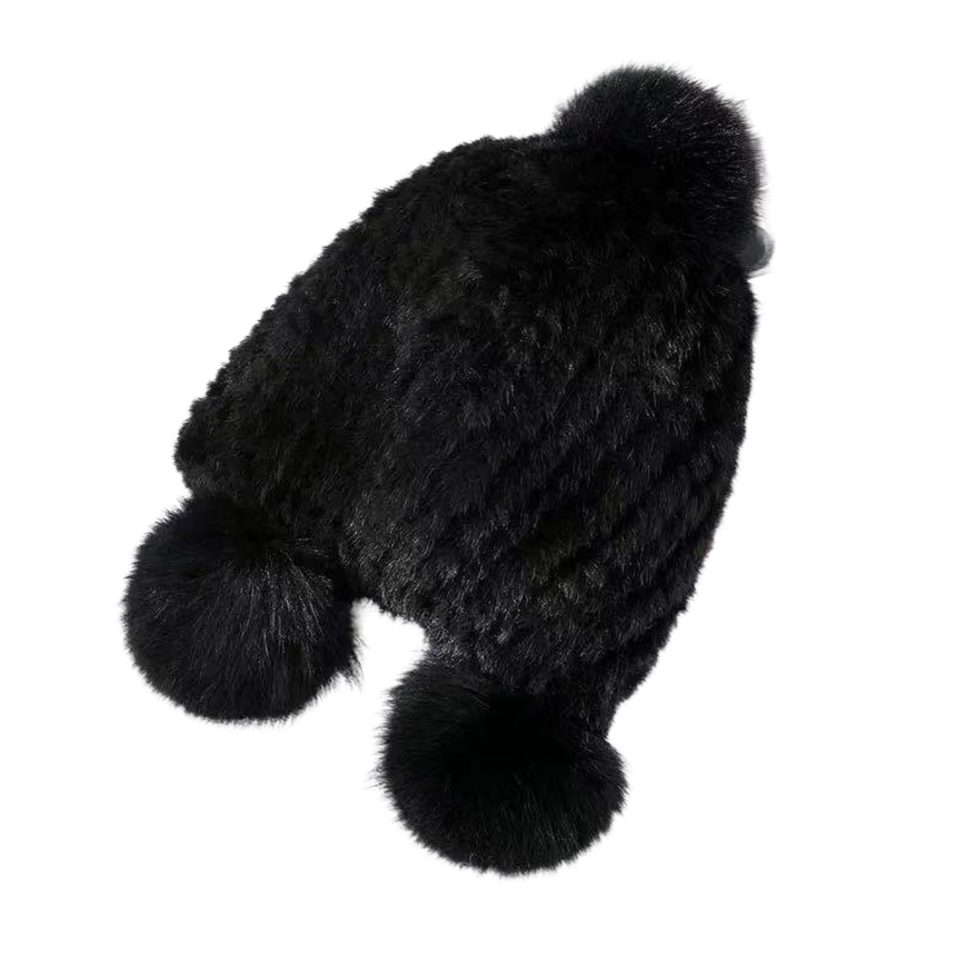 Knit Mink Beanie Hat with Raccoon Pom Pom in Black