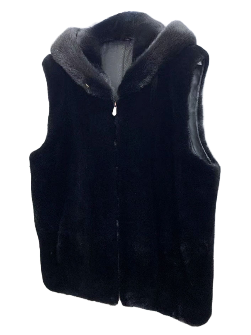 MID-LENGTH BLACK REAL MINK VEST WITH HOOD