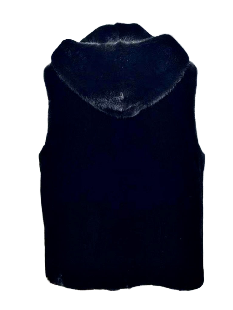 MID-LENGTH BLACK REAL MINK VEST WITH HOOD